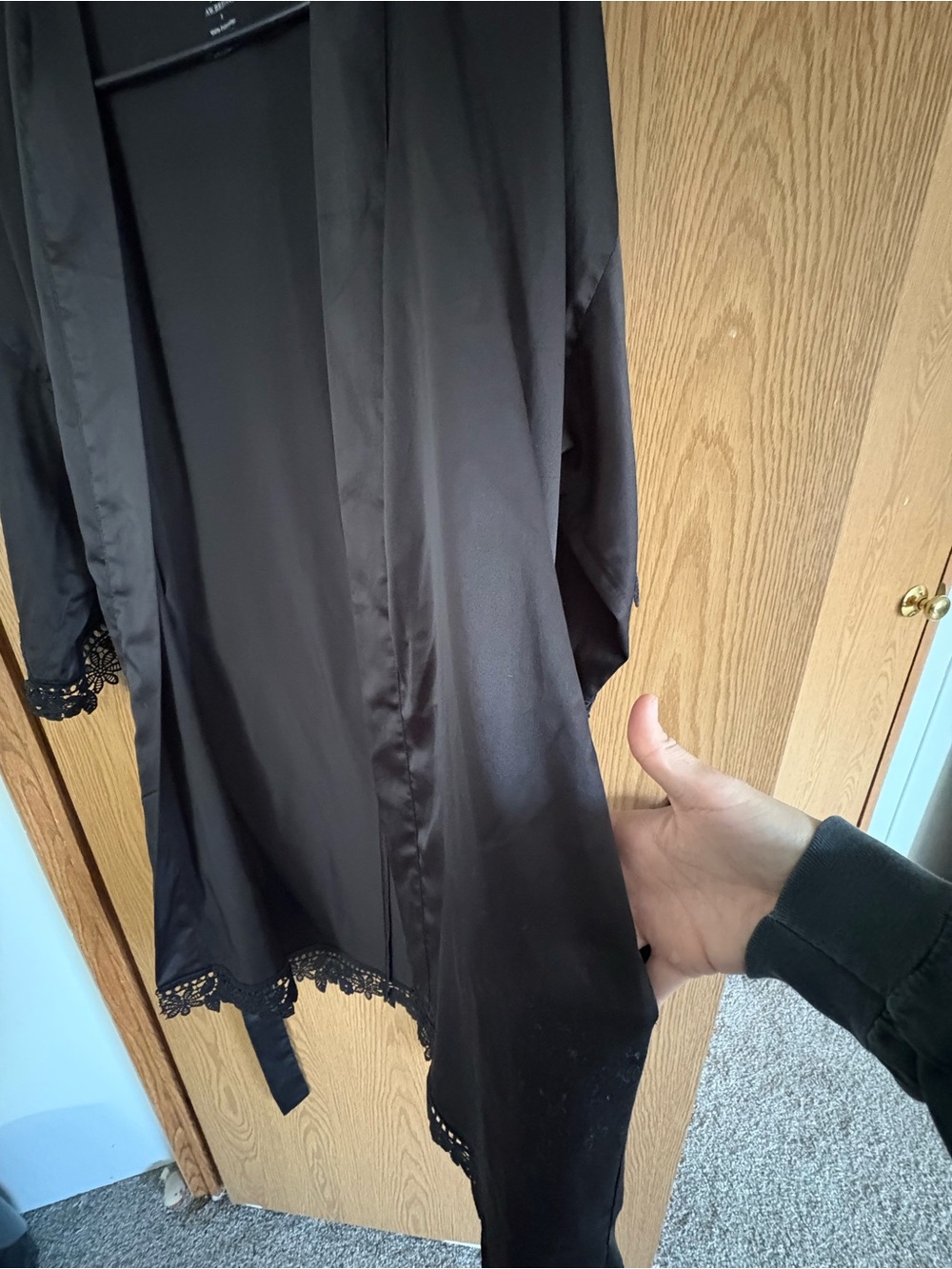 Black Lace-Trim Satin Robe - Women Intimates & Sleepwear - Picture 5 of 5